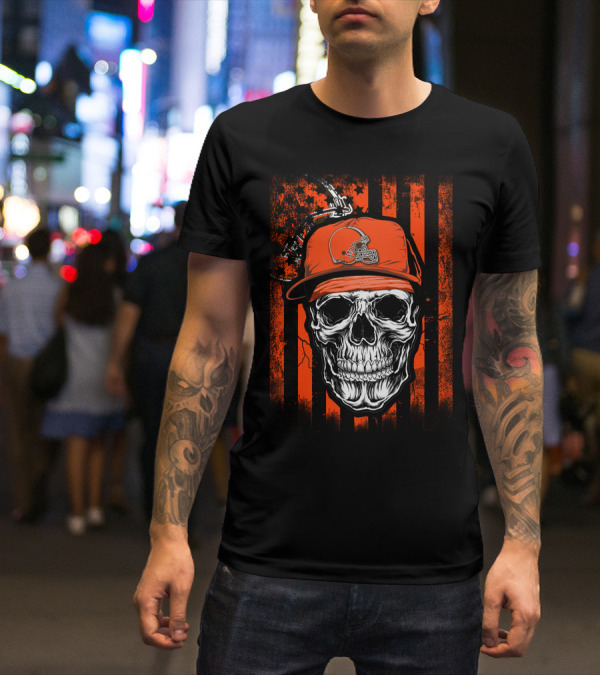 Cleveland Browns Skull Helmet Hat Orange Black Stripes T-Shirt