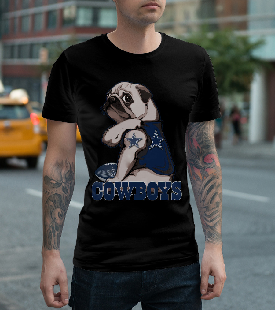 Pug Wearing Dallas Cowboys Jersey With Stars And Football T-Shirt
