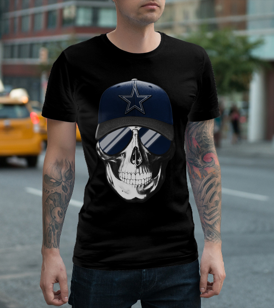 Skull Wearing Dallas Cowboys Hat And Sunglasses T-Shirt
