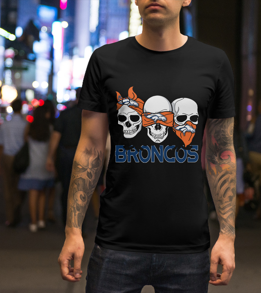 Broncos Three Skulls With Orange Bandanas T-Shirt