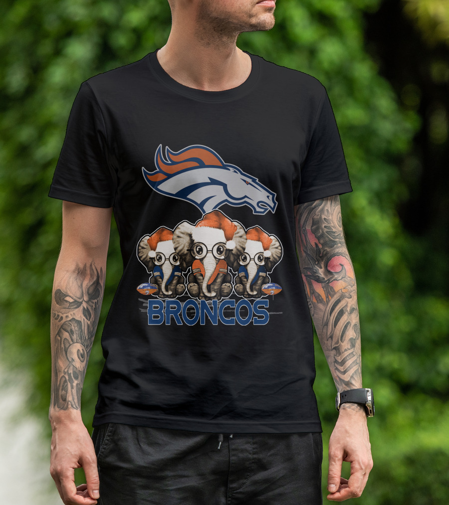 DENVER BRONCOS Christmas Elephants With Santa Hats T-Shirt