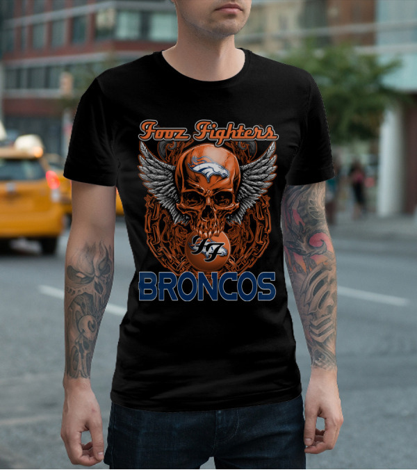 Foo Fighters Denver Broncos Skull Wings Chain Orange T-Shirt