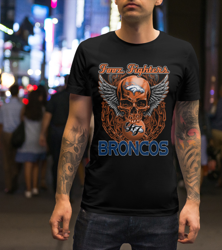 Foo Fighters Denver Broncos Skull Wings Chain Orange T-Shirt
