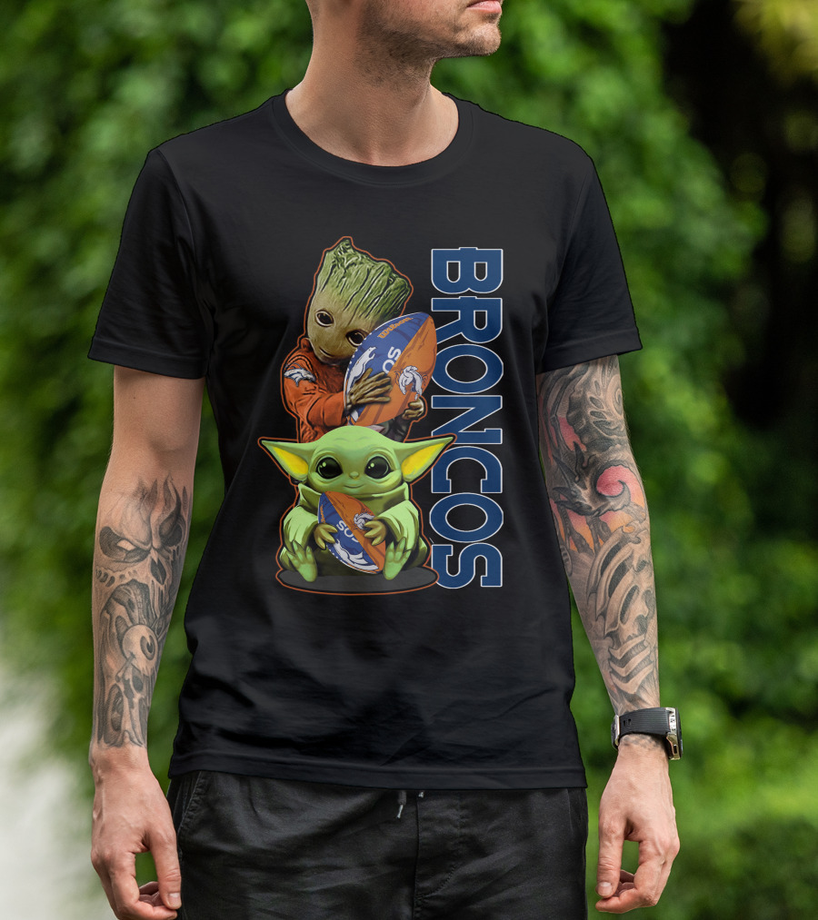Groot Baby Yoda Denver Broncos Football Fan T-Shirt