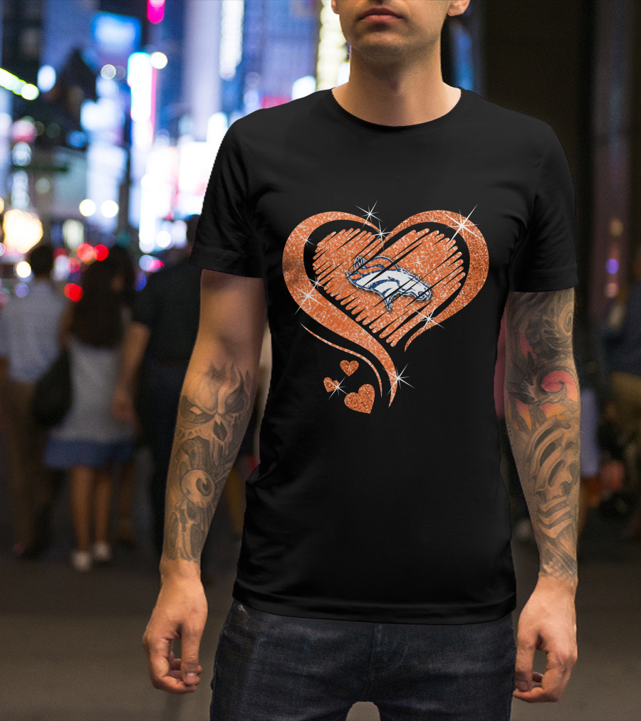 Heart Diamond Denver Broncos Sparkling Orange Emblem T-Shirt