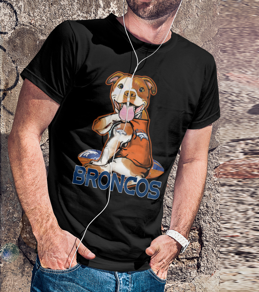 Pittbull Wearing Denver Broncos Jersey With Football And Broncos Text T-Shirt