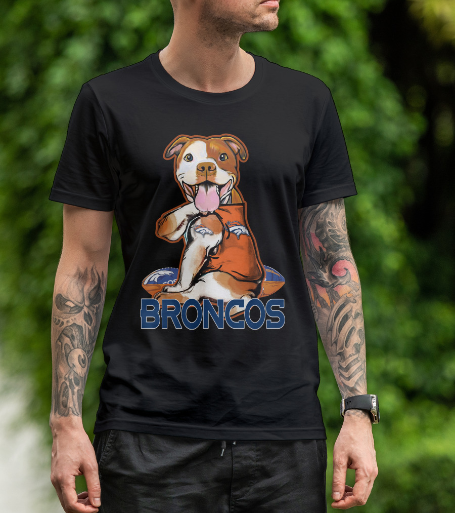 Pittbull Wearing Denver Broncos Jersey With Football And Broncos Text T-Shirt