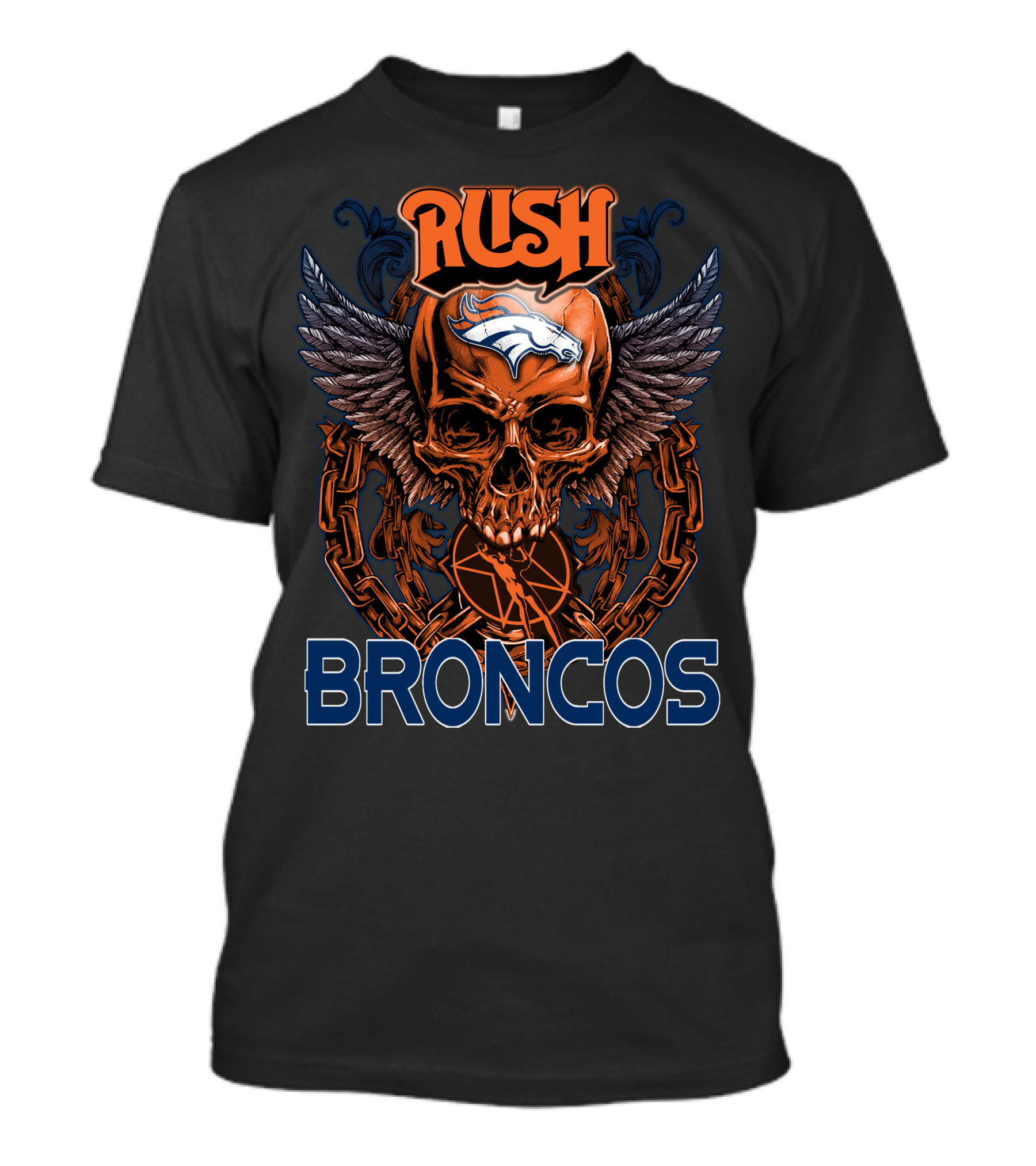 Rush Denver Broncos Skull Graphic With Wings And Chains T-Shirt