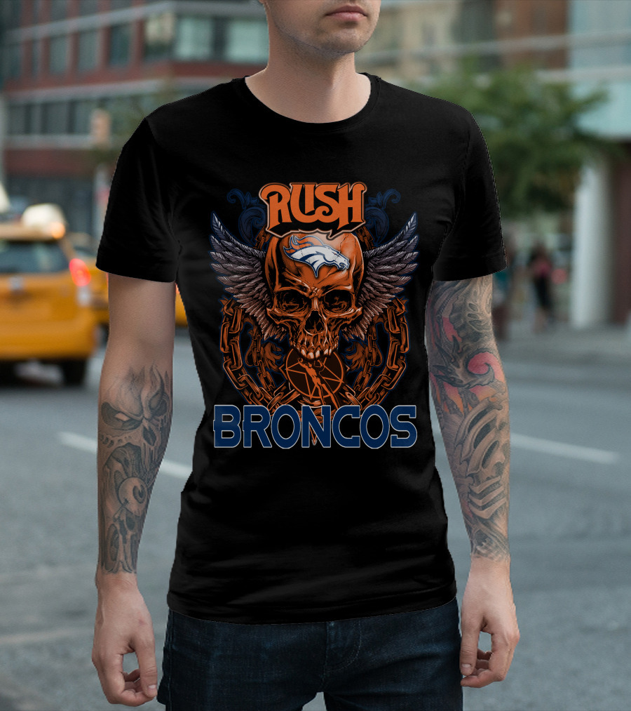 Rush Denver Broncos Skull Graphic with Wings and Chains T-Shirt
