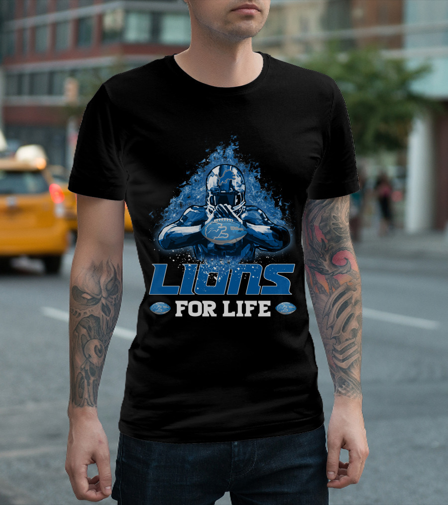 Lions for Life Detroit Football Player with Ball T-Shirt