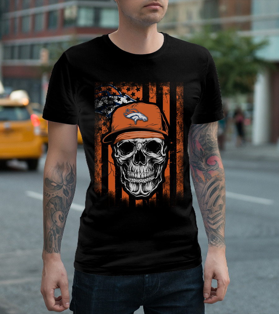 Skull Wearing Denver Broncos Cap On Grunge Orange Stripes T-Shirt