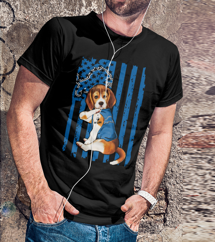 Beagle Detroit Lions I Love Mom Blue Stripes T-Shirt