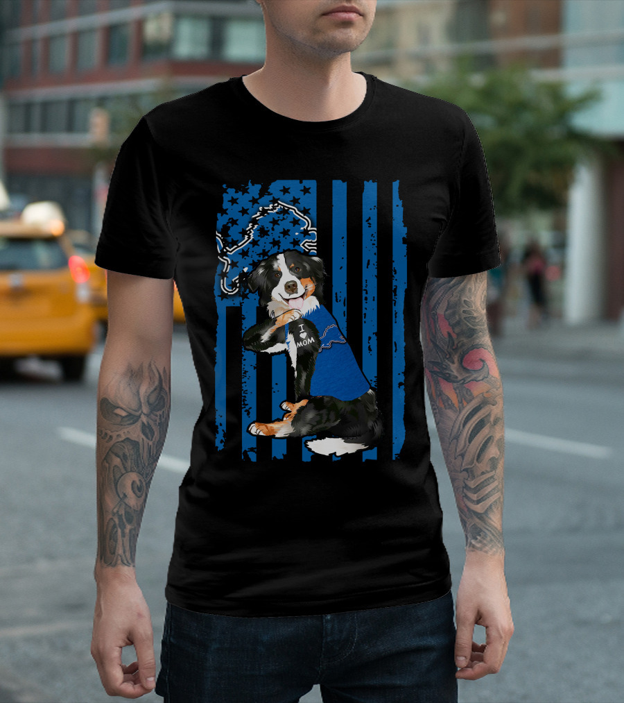 Border Collie I Love Mom Detroit Lions Flag T-Shirt