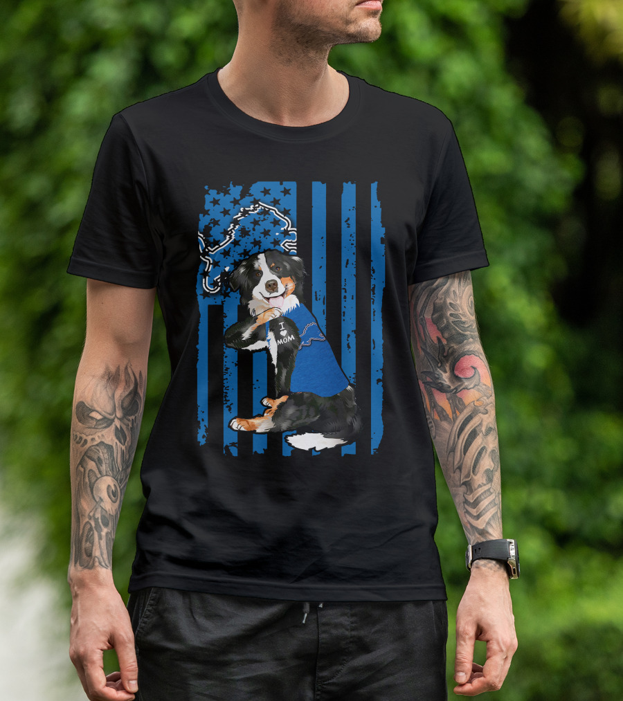 Border Collie I Love Mom Detroit Lions Flag T-Shirt