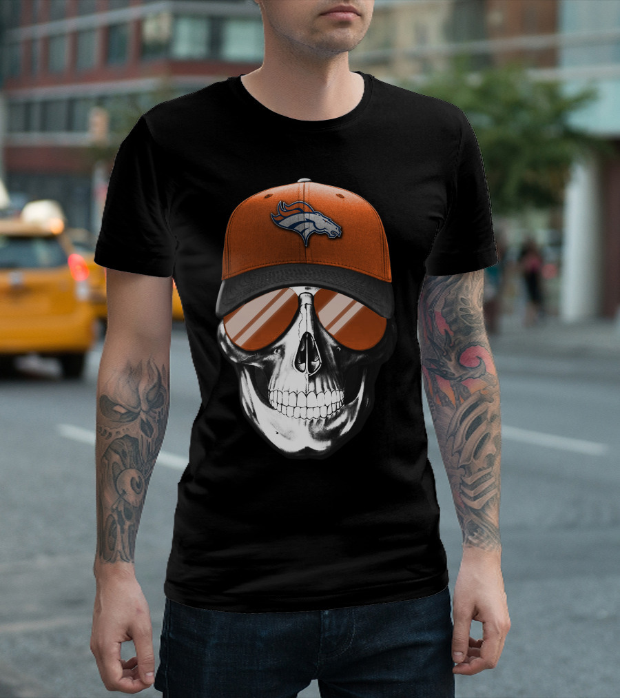 Skull Wearing Denver Broncos Hat And Sunglasses T-Shirt