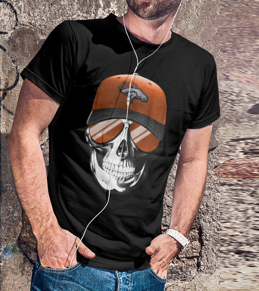 Skull Wearing Denver Broncos Hat And Sunglasses T-Shirt