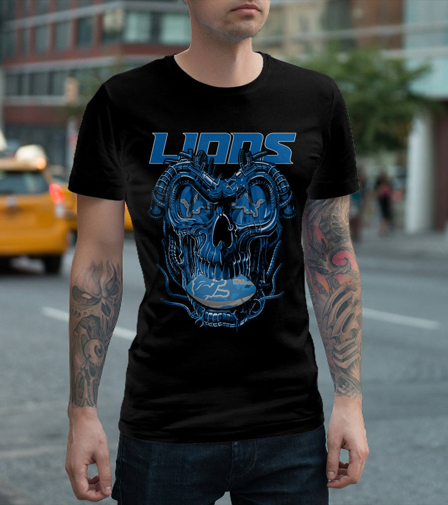 Dragonskull Lions With Detroit Football Helmet And Wilson Blue Embellishments T-Shirt