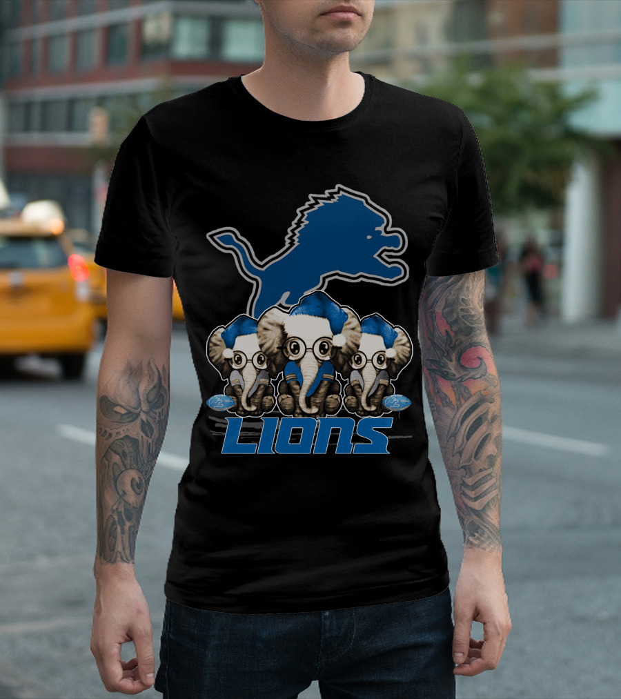 Detroit Lions Christmas Elephants With Santa Hats T-Shirt