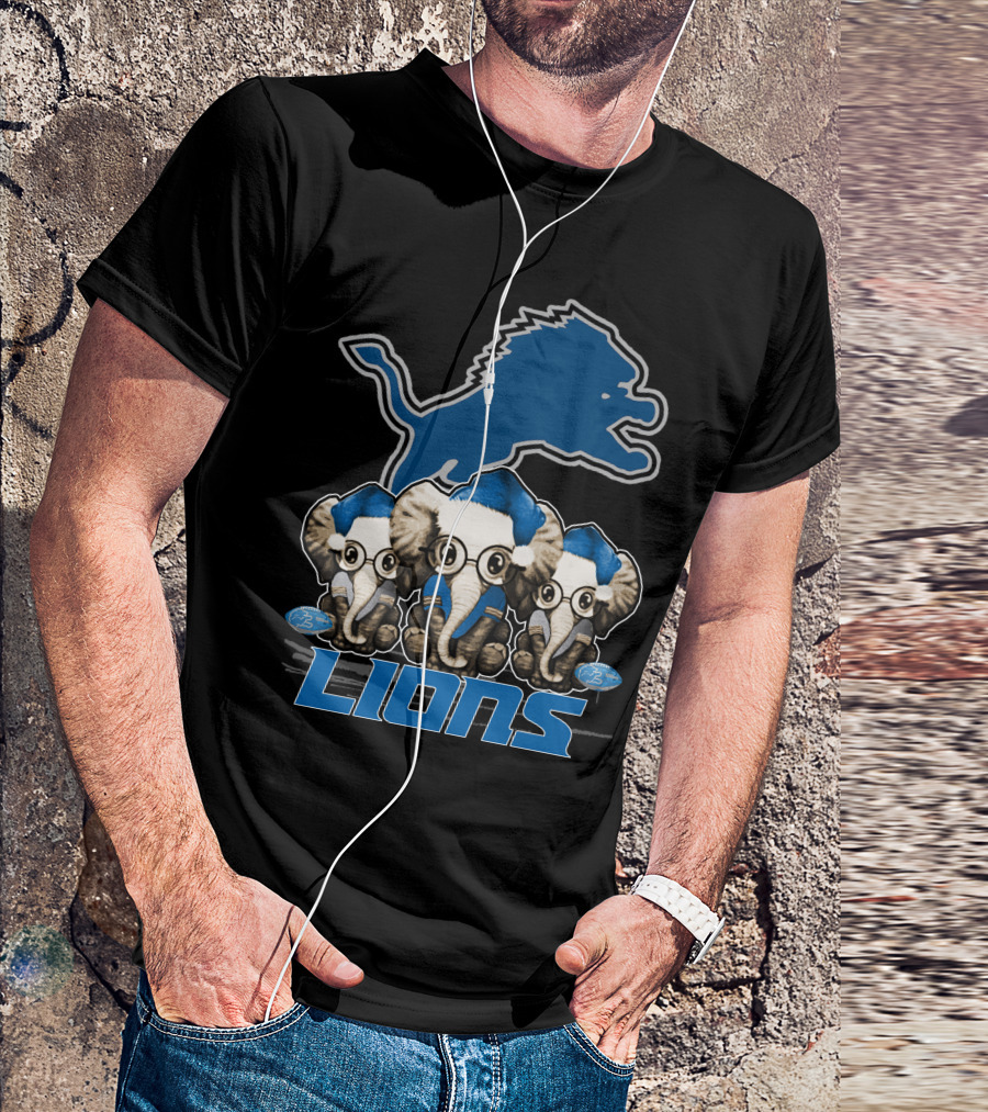 Detroit Lions Christmas Elephants With Santa Hats T-Shirt