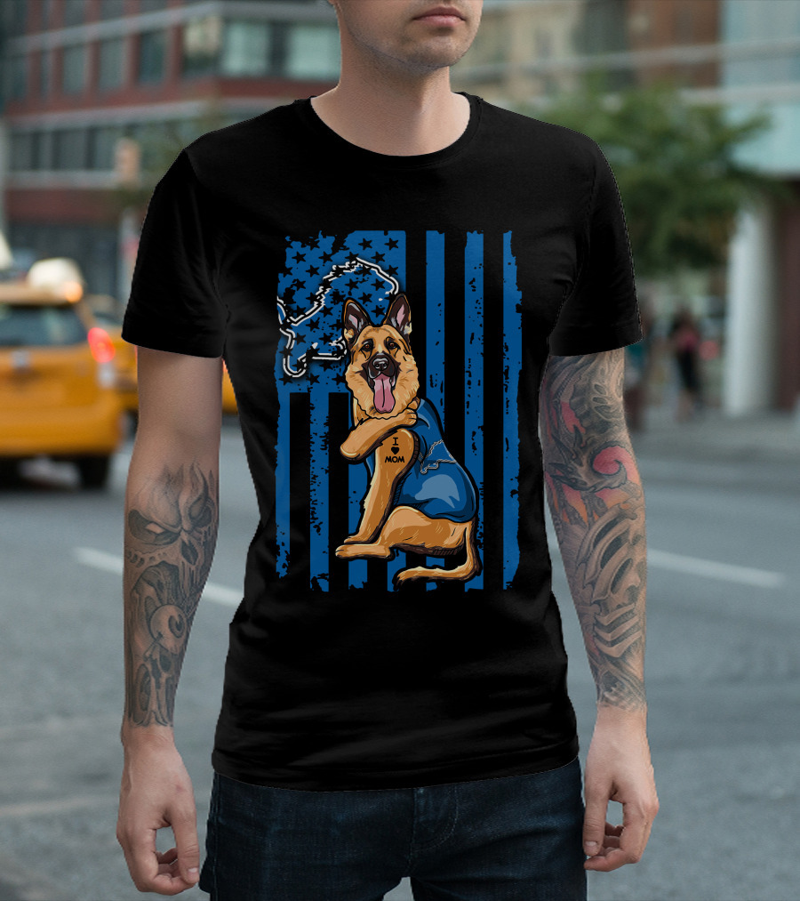German Shepherd Wearing Detroit Lions Blue with Flag and Lion T-Shirt