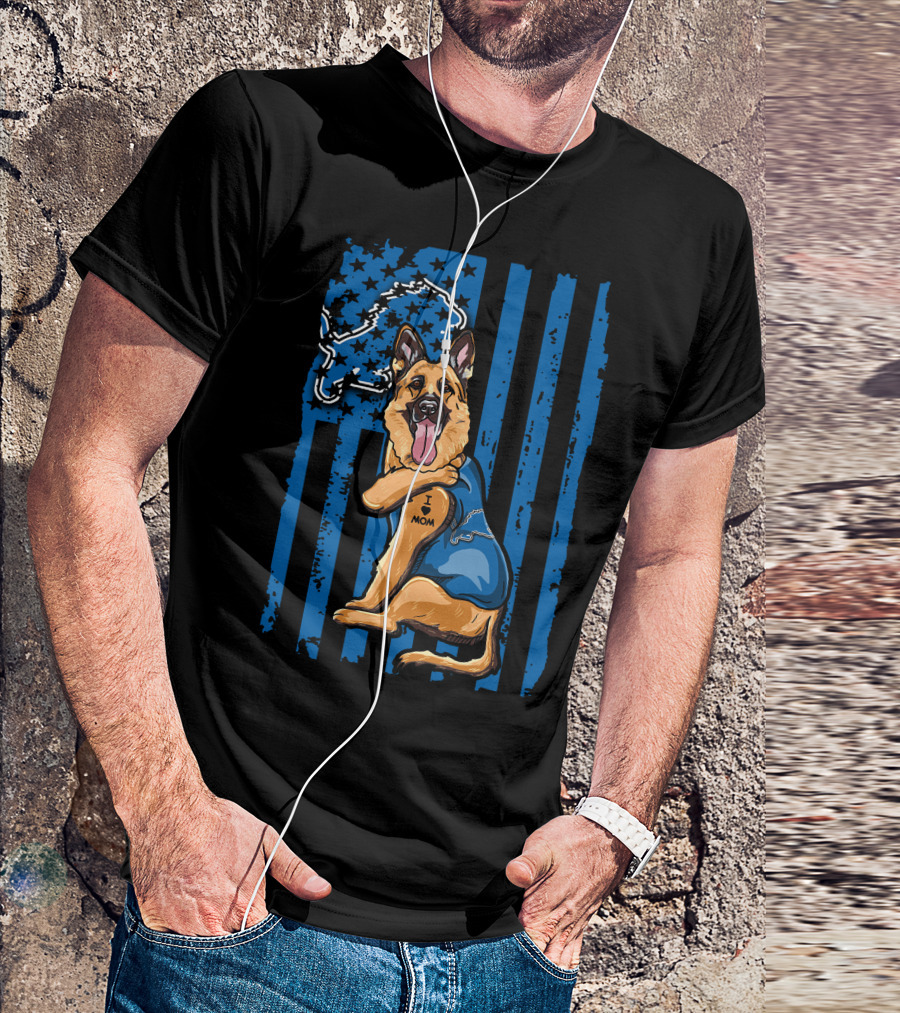 German Shepherd Wearing Detroit Lions Blue With Flag And Lion T-Shirt