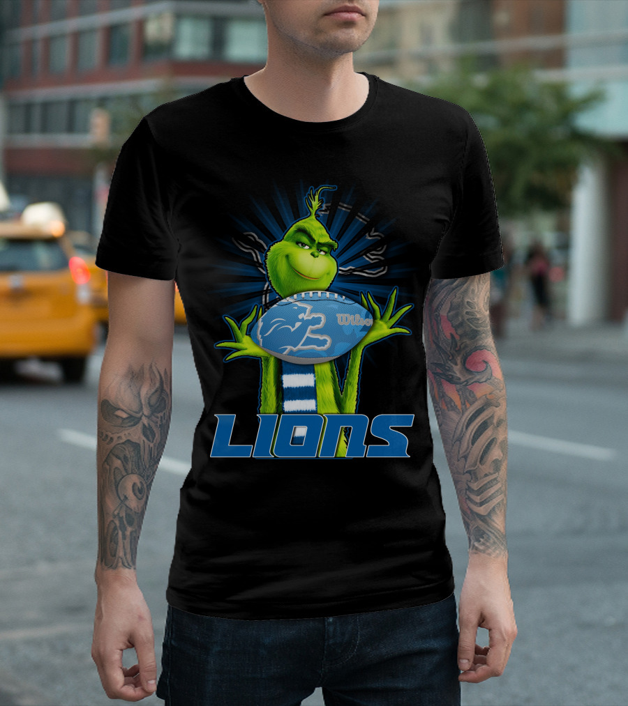 Grinch Holding Detroit Lions Wilson Football T-Shirt