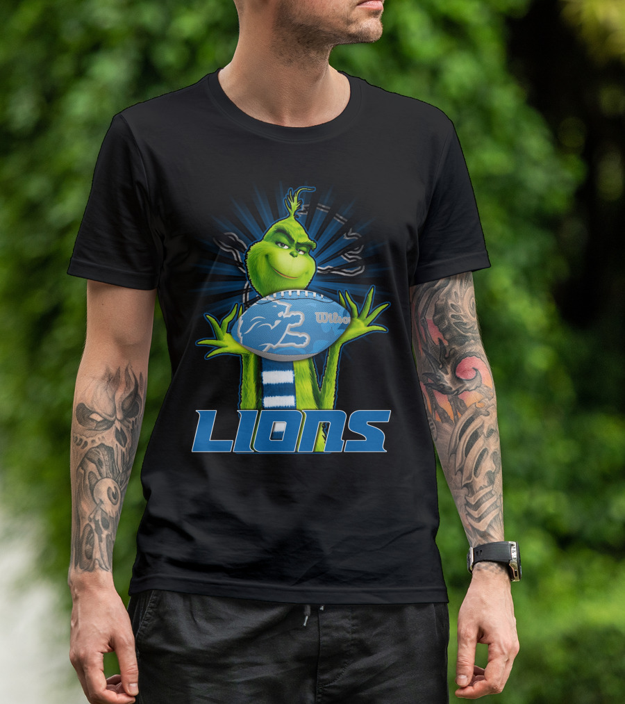 Grinch Holding Detroit Lions Wilson Football T-Shirt