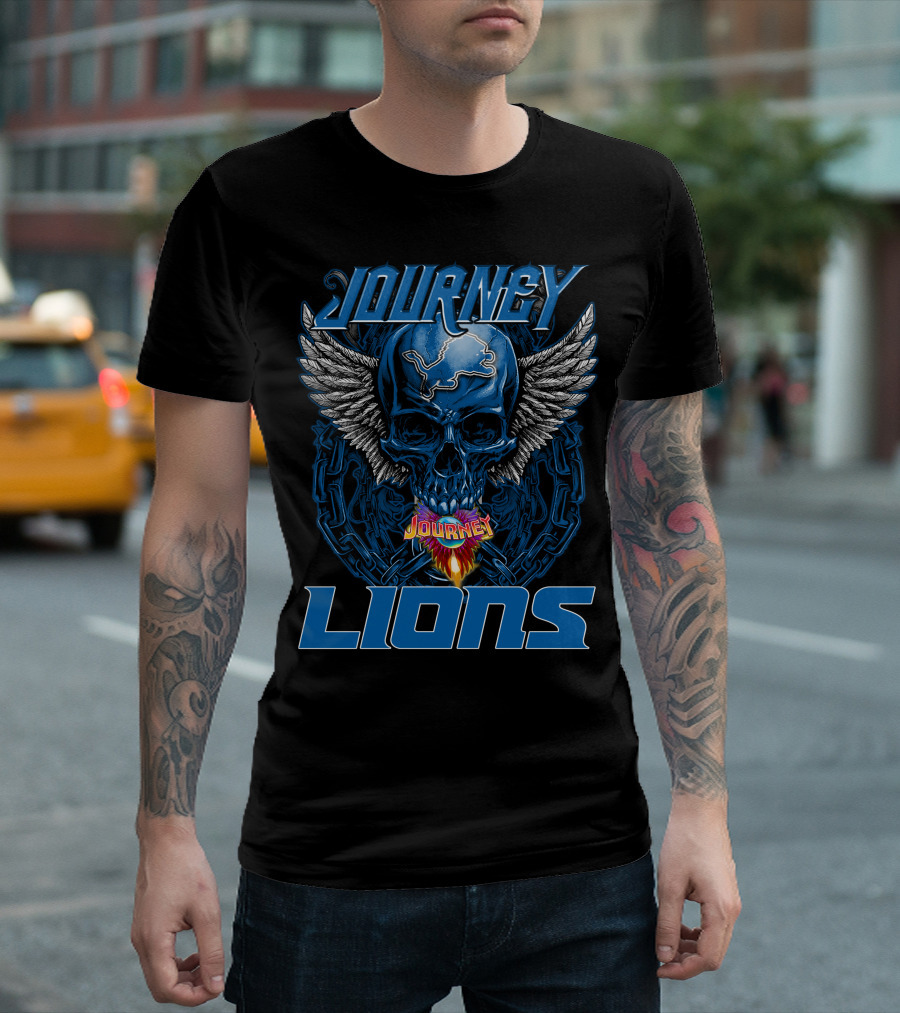 JOURNEY DETROIT LIONS Skull with Wings and Flames T-Shirt