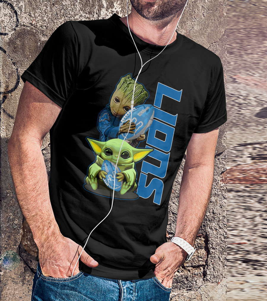 Grzd DETROIT LIONS Baby Groot And Baby Yoda With Football T-Shirt