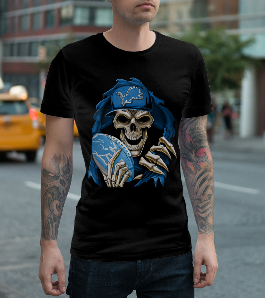 Skullbong Detroit Lions Skeleton with Football and Cap T-Shirt