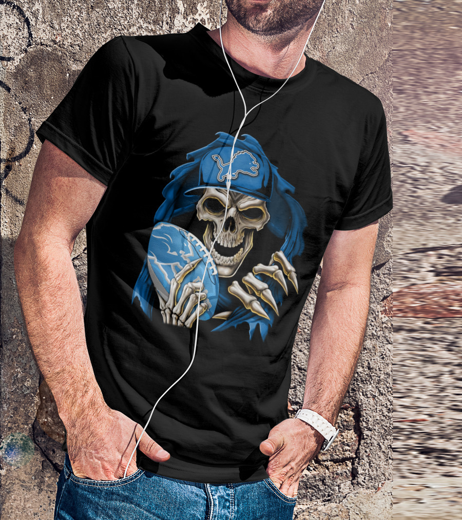 Skullbong Detroit Lions Skeleton With Football And Cap T-Shirt