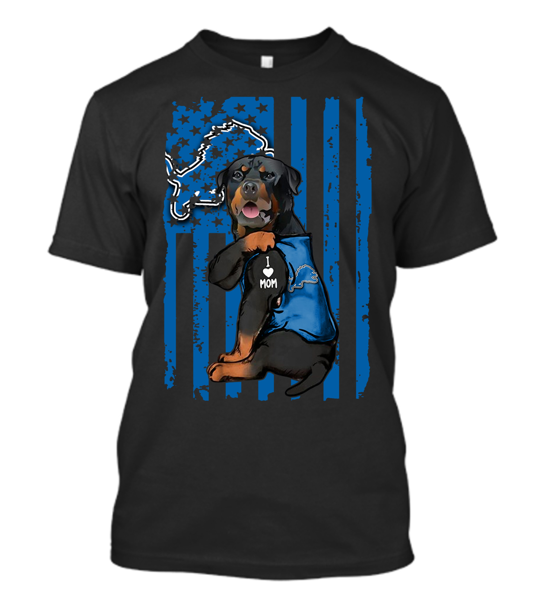 Rottweiler I Love Mom Detroit Lions Fan American Flag Background T-Shirt