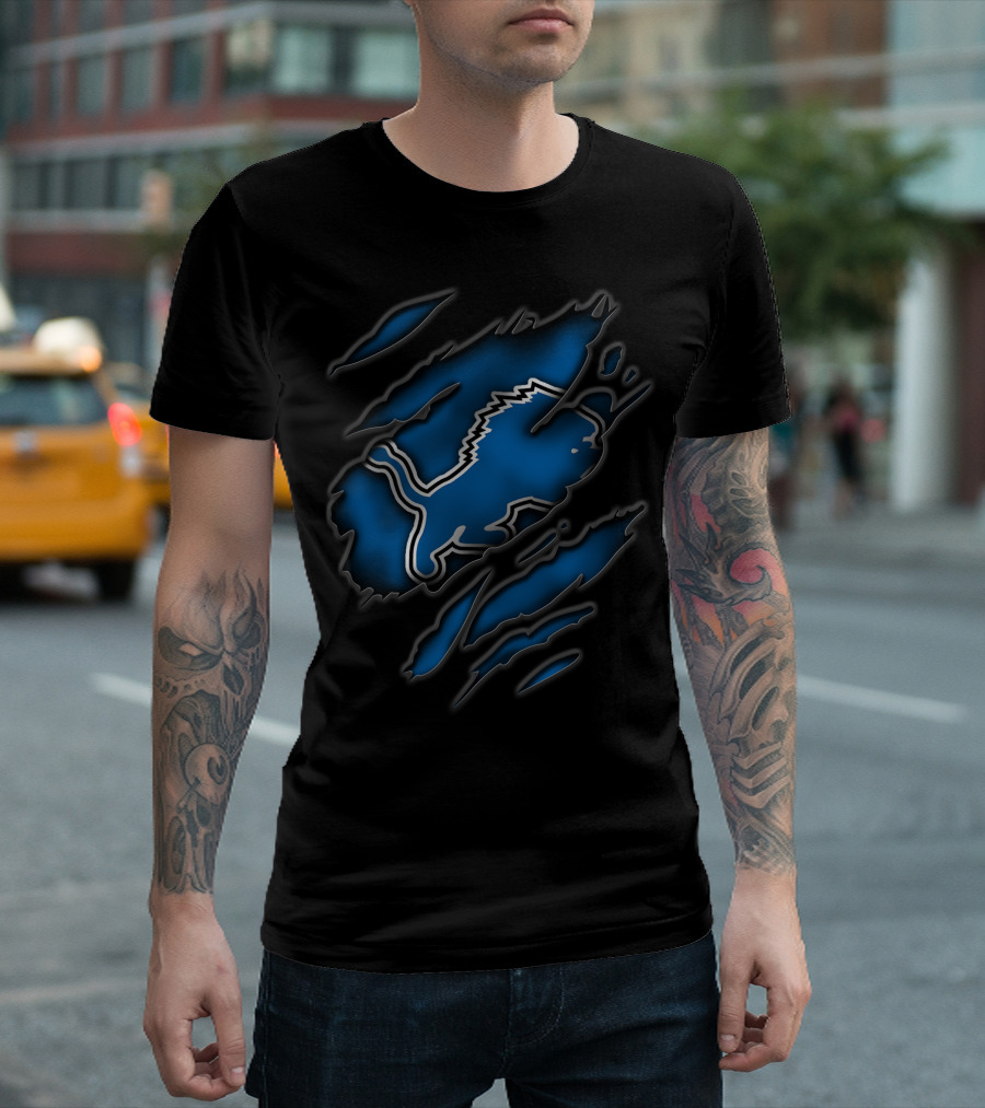 Torn Detroit Lions Blue And Black Rips T-Shirt