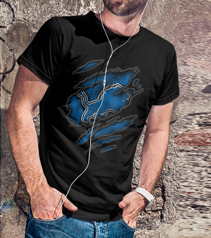 Torn Detroit Lions Blue And Black Rips T-Shirt