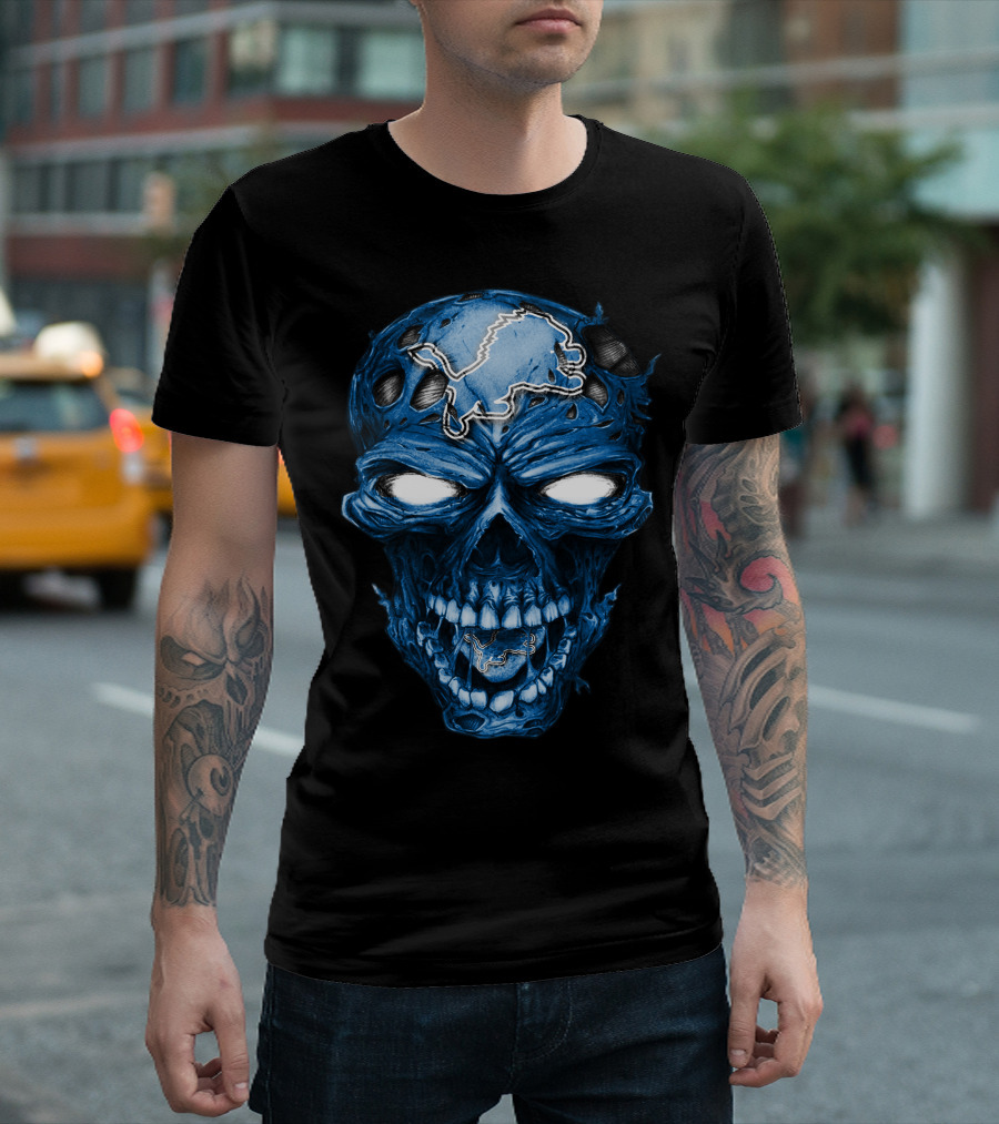 Skull Detroit Lions Blue Dark T-Shirt