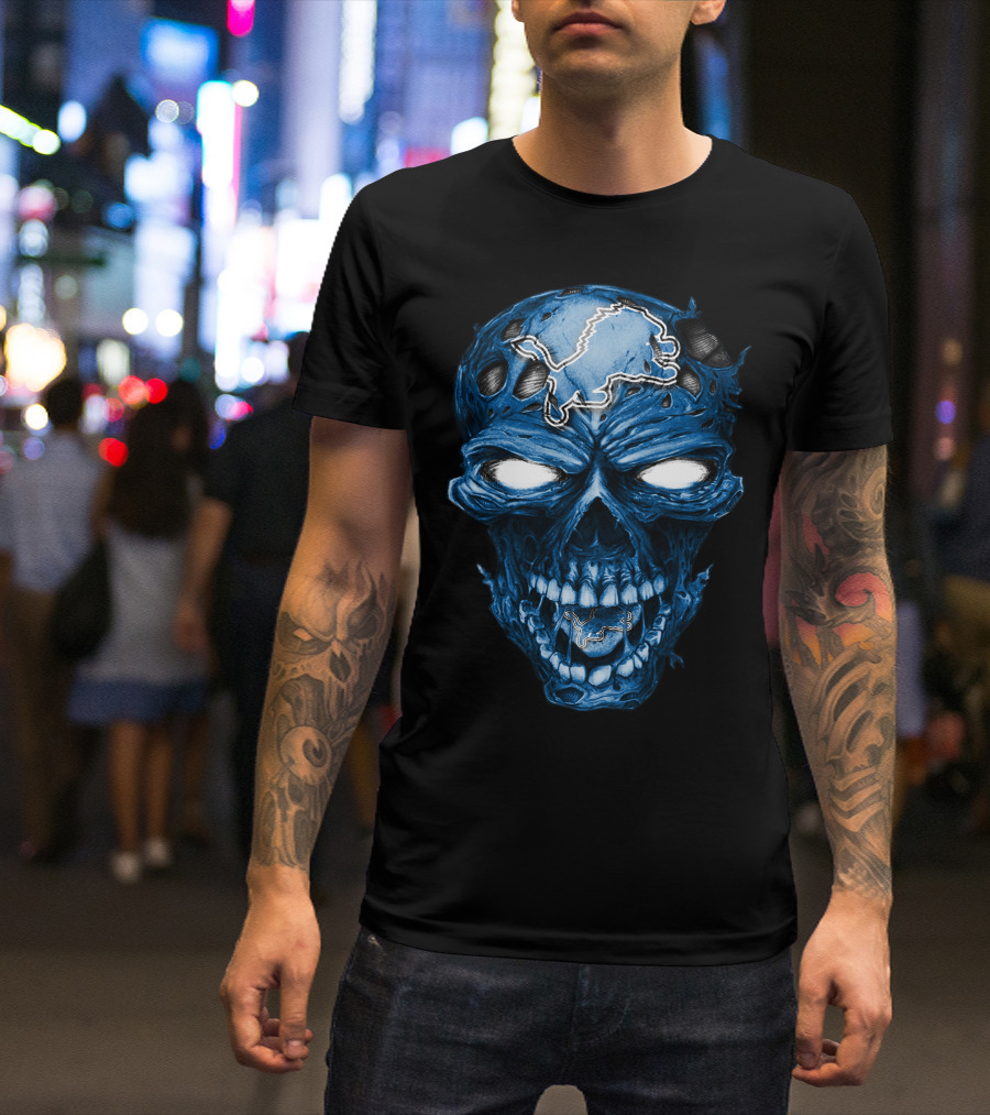 Skull Detroit Lions Blue Dark T-Shirt