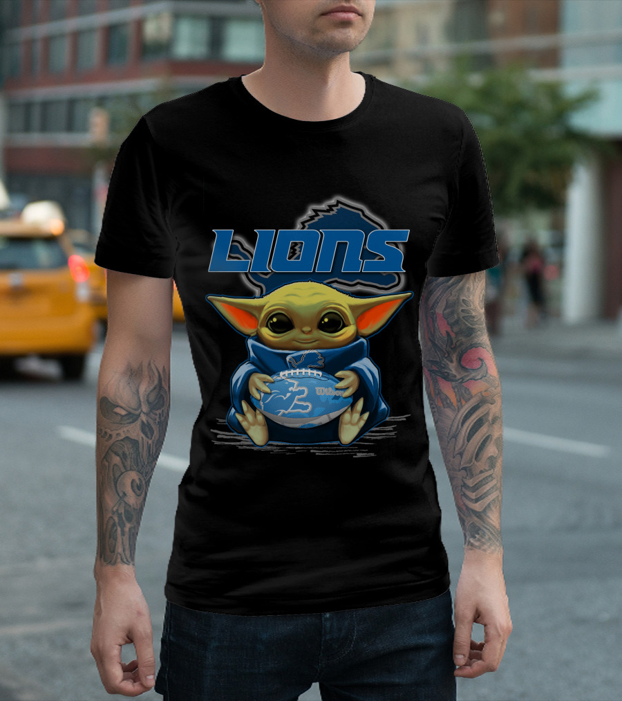 Lions Baby Yoda Holding Detroit Football Wilson T-Shirt