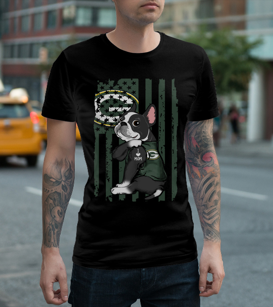 Boston Terrier I Love Mom Green Bay Packers Football Fan T-Shirt