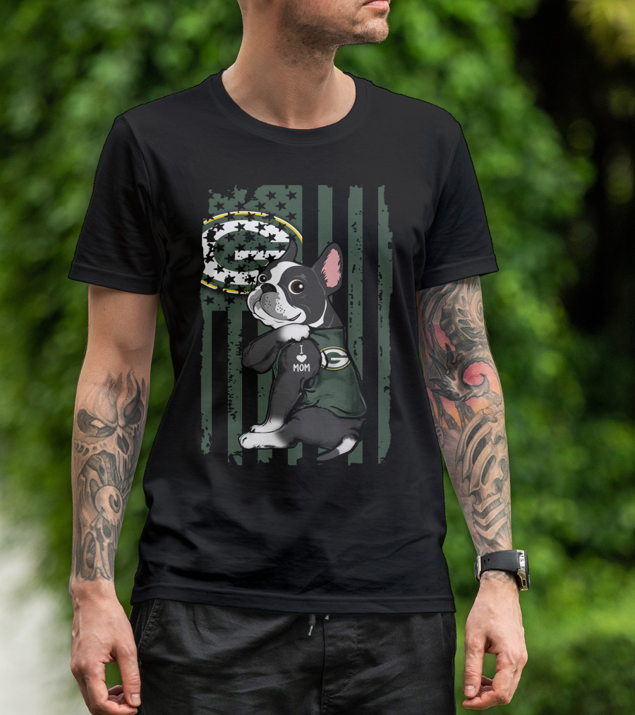 Boston Terrier I Love Mom Green Bay Packers Football Fan T-Shirt
