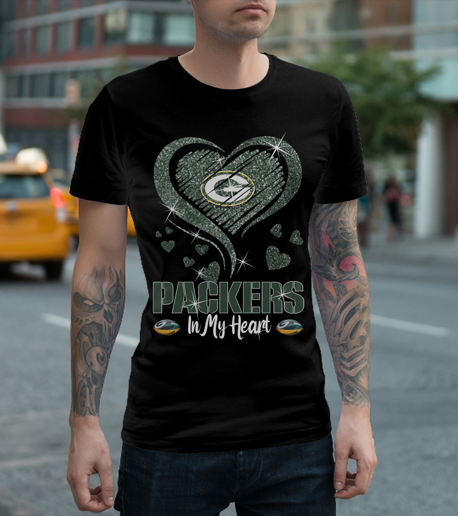 Packers In My Heart Green Bay Packers Heart Logo Sparkle Elements T-Shirt