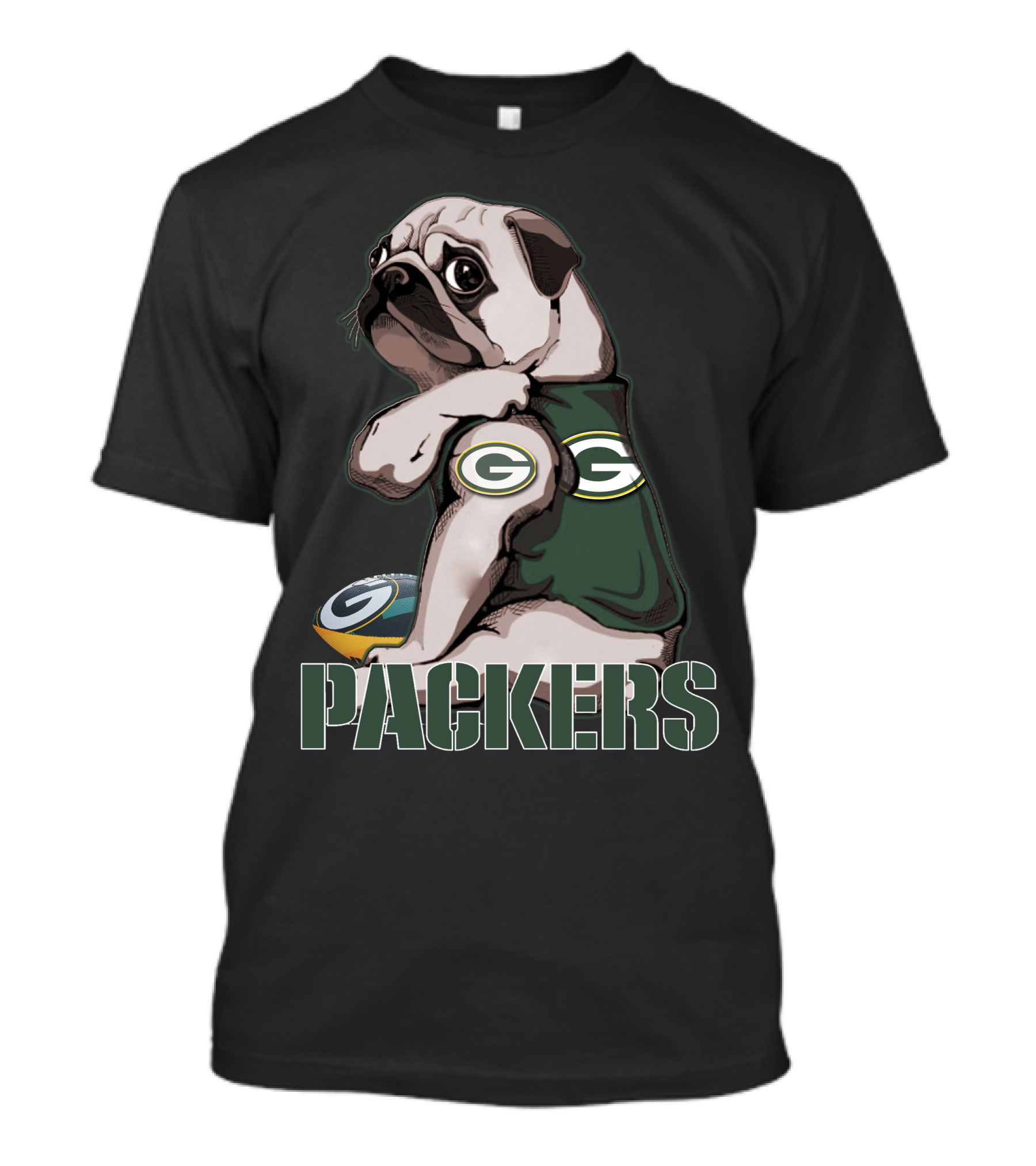 Packers Pug With Green Bay Logo Football T-Shirt