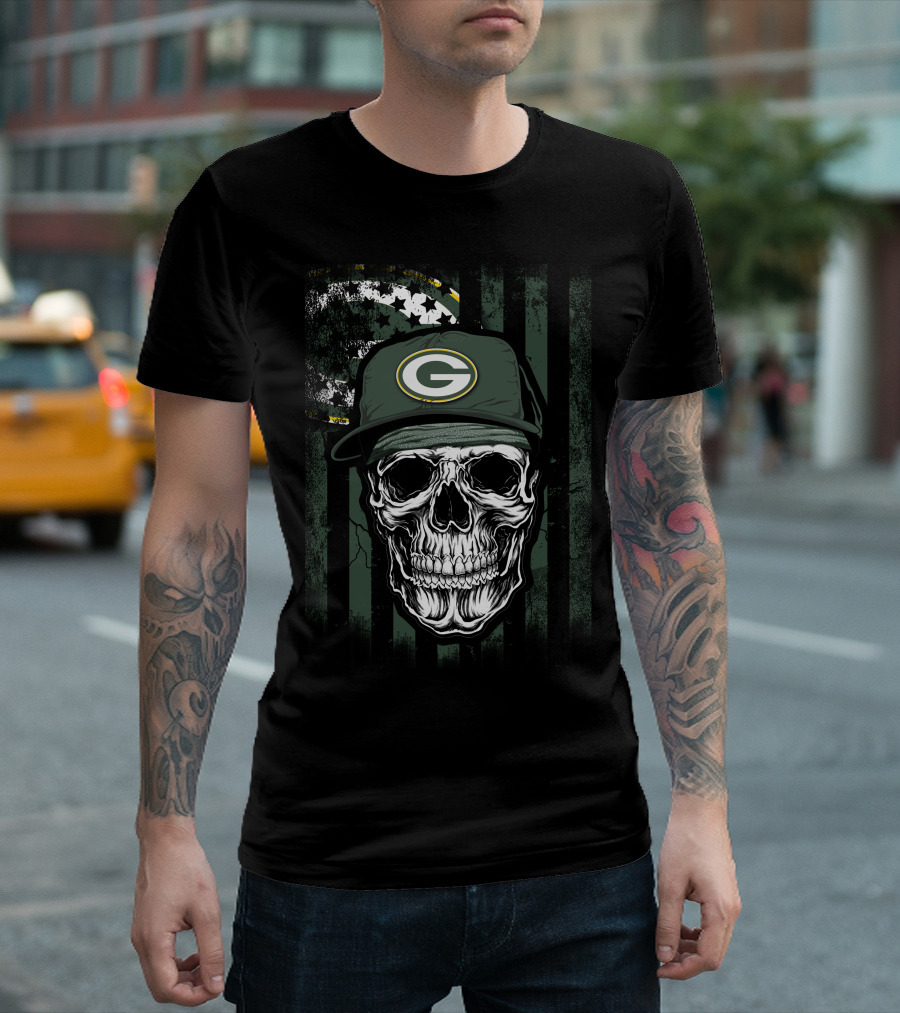 Skull Green Bay Packers Hat with American Flag Background T-Shirt