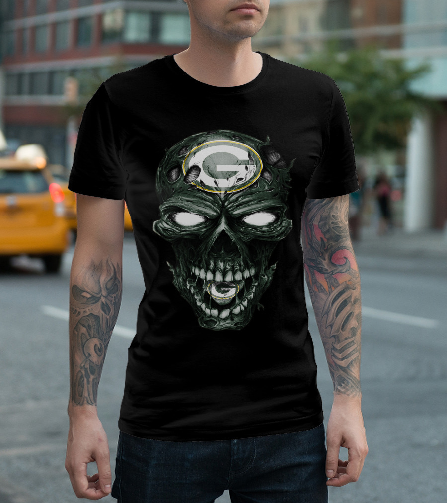 Green Bay Packers Skull Face with Team Logo Eyes T-Shirt