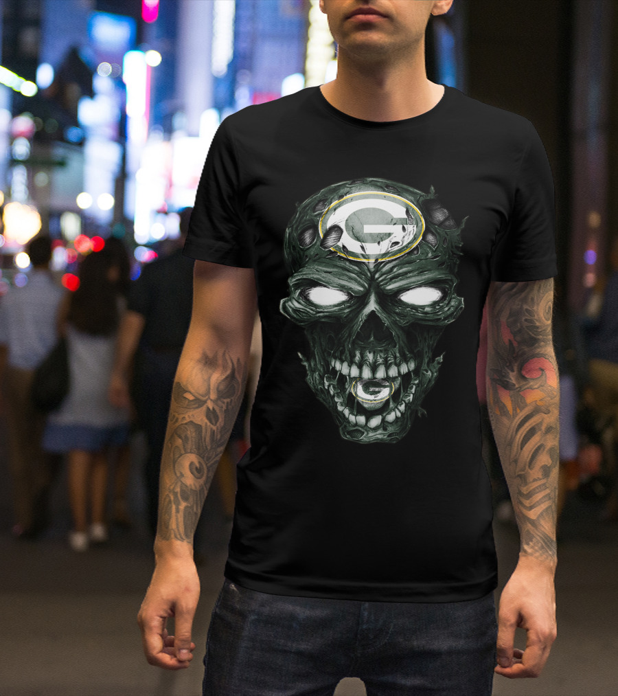 Green Bay Packers Skull Face With Team Logo Eyes T-Shirt