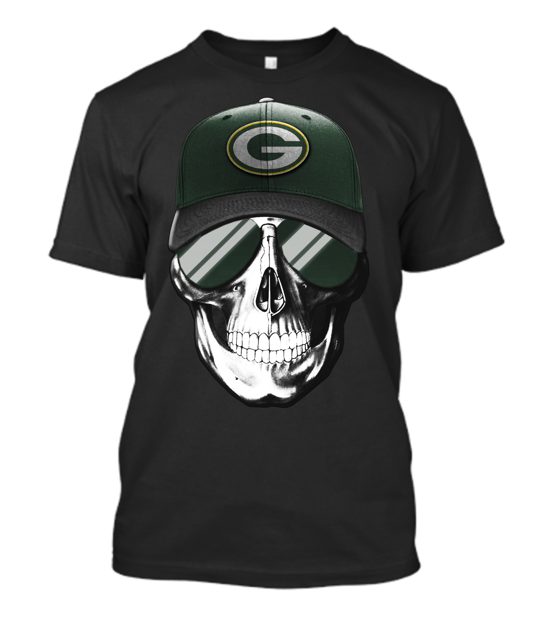 Skull Wearing Green Bay Packers Cap With Sunglasses T-Shirt
