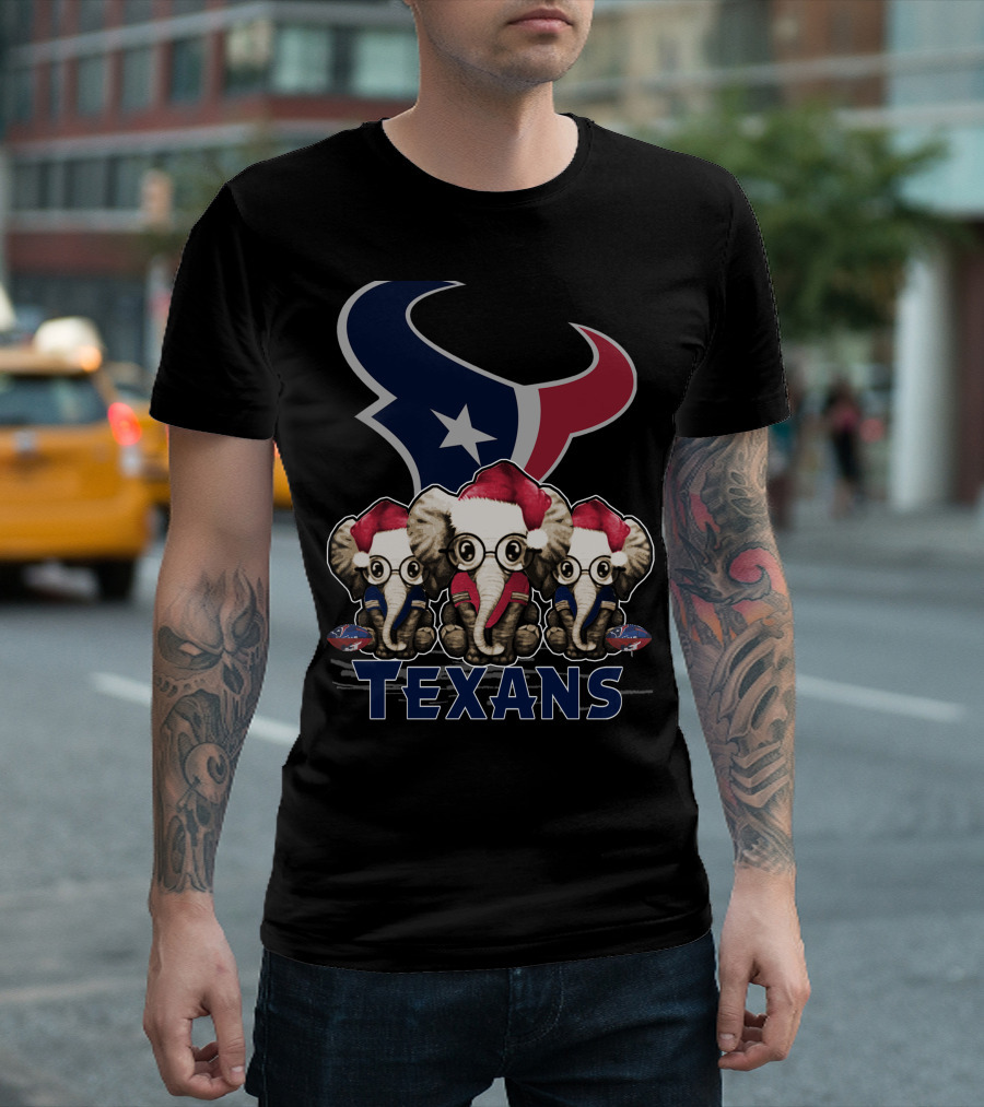 Houston Texans Elephant Xmas with Santa Hats and Glasses T-Shirt