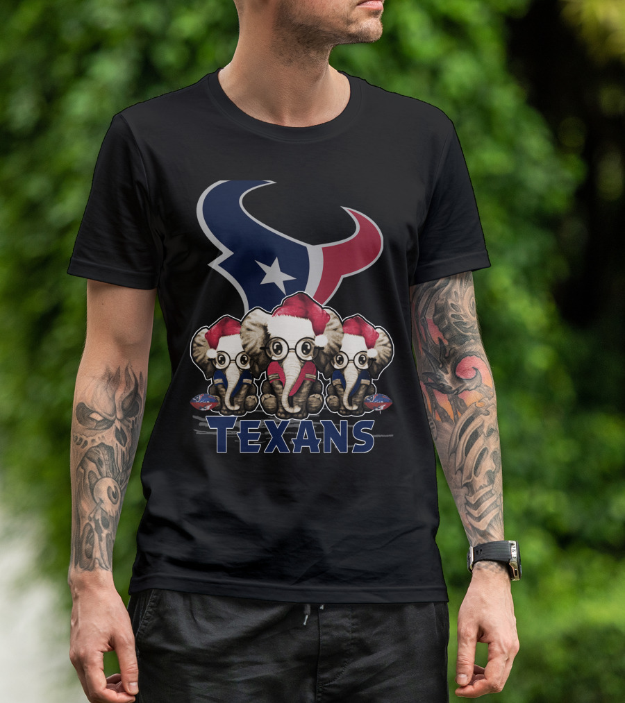 Houston Texans Elephant Xmas With Santa Hats And Glasses T-Shirt