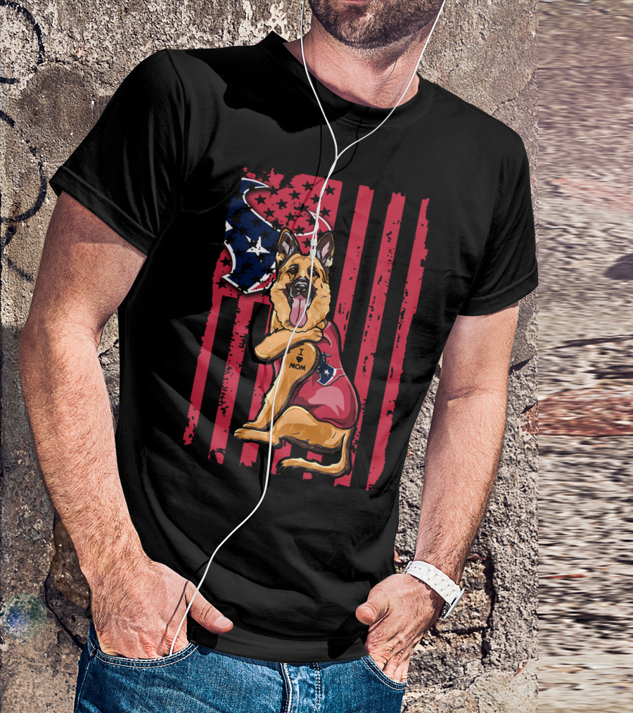 German Shepherd I Love Mom With American Flag And Houston Texans Stars T-Shirt