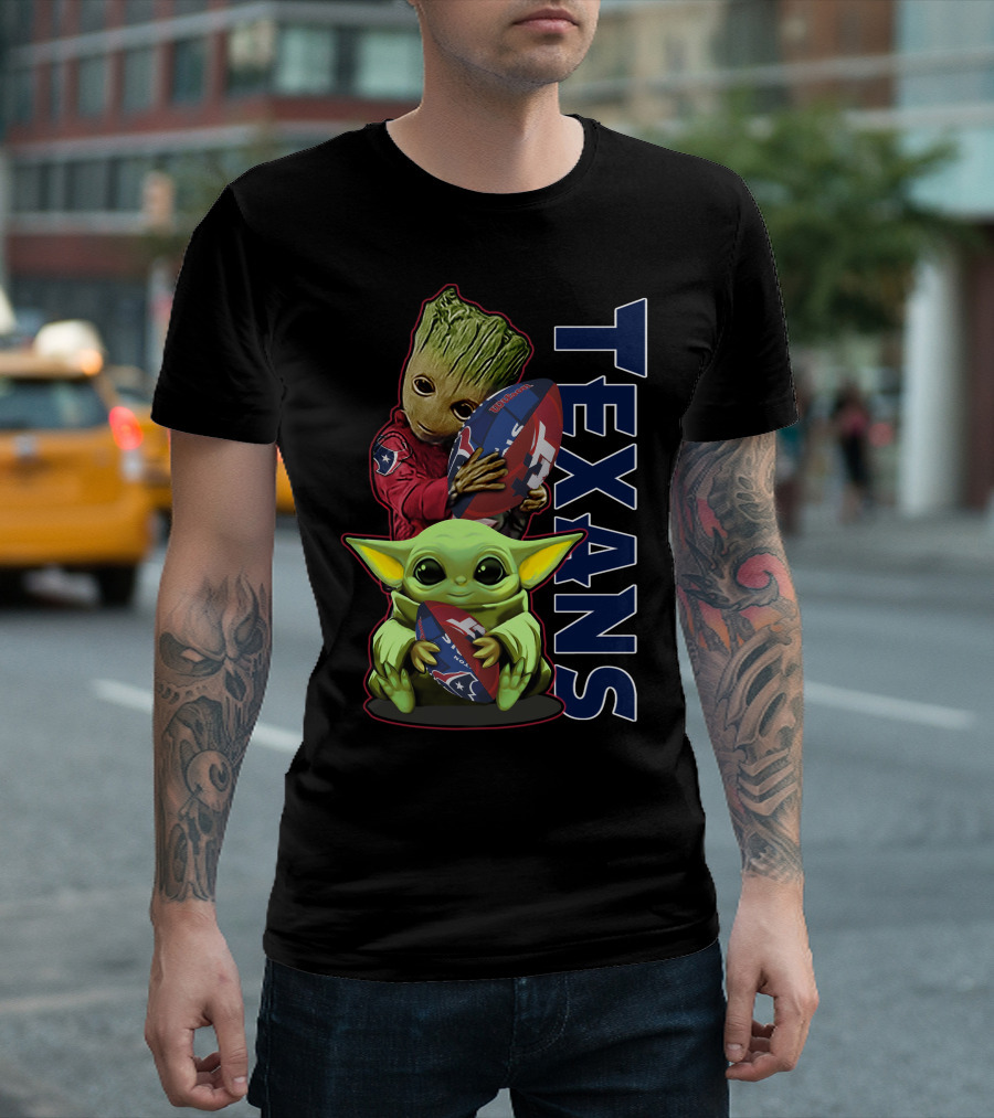 Grzd Houston Texans Groot and Baby Yoda Football Fan T-Shirt