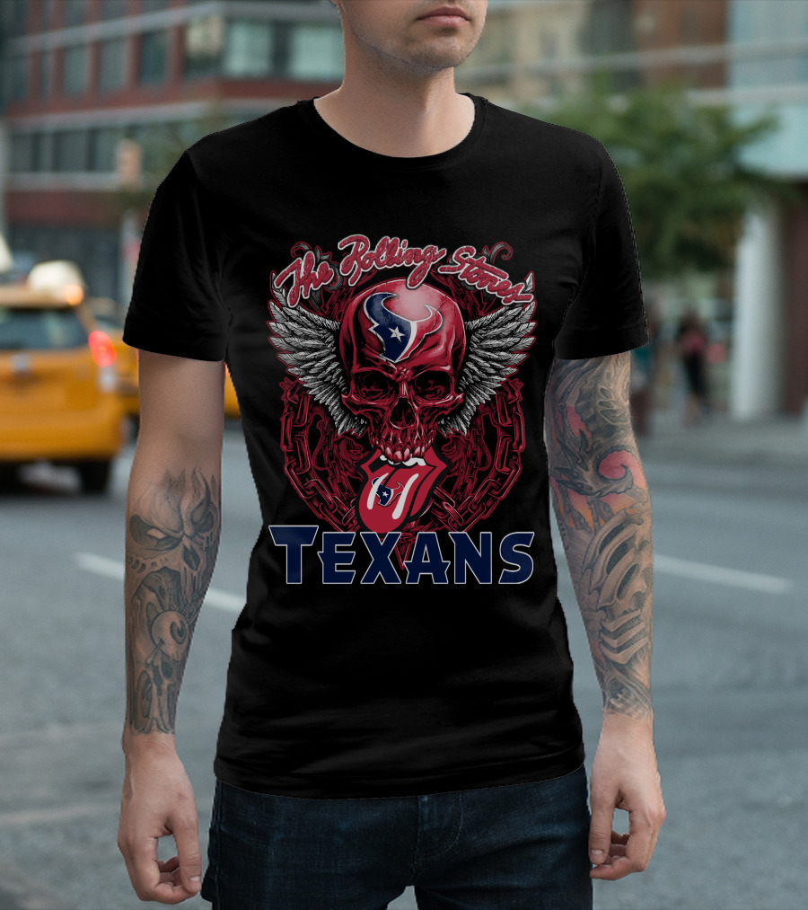 The Rolling Stones Houston Texans Skull Winged Logo Tongue T-Shirt